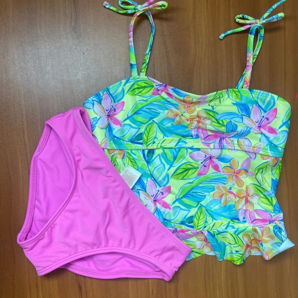 Cat & Jack Girls Tropical Floral Tankini 2-piece Swimsuit Pink Lime Green Size 8
